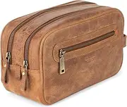 [Berliner Bags] Vintage Wash Bag Max, Large Leather Toiletry Bag, Wash Bag with 2 Compartments, Cosmetic Bag for Travel, for Men and Women - Brown