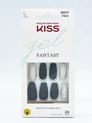 Kiss Long Matte Finish Glue-On Nails, Black & Silver Glitter, 85699 FG02