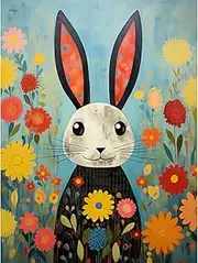 Artery8 Funny Bunny Illustration Modern Floral Rabbit Animal Artwork for Kids Bedroom or Baby Nursery Extra Large XL Wall Art Poster Print