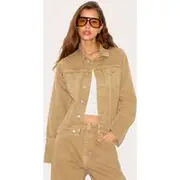 Washed Khaki Turn Up Cuff Cinched Back Denim Jacket, Washed Khaki