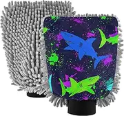 Wash Mitts for Car Washing Absorbent Microfiber Chenille Sharks Neon Green Blue Dark Auto Cleaning Supplies Scrub Pad Scratch Free Soft, Medium x 2 Pack