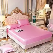 Zhiyuan Solid Color Silky Satin Bedding Fitted Sheet 2 Pillowcases Set, Single, Pink