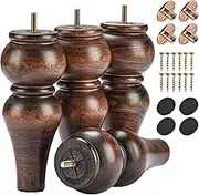 Btowin VCF 8 Inch / 20cm Solid Wood Furniture Legs, 4Pcs Glaze Couch Legs Turned Wooden Bun Feet with Threaded M8 Hanger Bolts & Mounting Plate & Screws for Sofa Cabinet TV Stand Ottoman Armchair