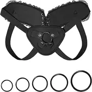 ASNOKNAE Adjustable Strap On Harness, Plus Size Strap On Harness for Women, Strapless and Wearable Dildo Harness, with 3 Different Sized O-Rings, Elegant Lace Ruffle Back Panel, Maximum Waist 59"