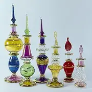 Egyptian Hand Blown Glass Egyptian Perfume Bottles, Glass blown Genie bottles potions Perfume Bottles Wholesale Set of 6 Miniature bottles Size from 2 to 5 inches long with handmade Gold decorative vials. Assorted colors for essential& perfume oils by