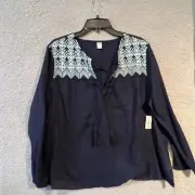 Old Navy Blouse Embroidered Front Long Sleeve Navy Cotton Peasant