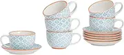 Nicola Spring 12 Piece Cappuccino Cup & Saucer Set - 250ml - Blue Hand Printed Tea Cup and Saucer Coffee Cappuccino Mugs Latte Drinking Mug Tea Saucer Plates