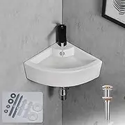 Davivy 18" x 13" Corner Bathroom Sink with Pop Up Drain and Installation Kit,Wall Mount Corner Sink,Ceramic Vessel Sink,Small Corner Sink,White Vessel Sink,Small Vessel Sink for Bathrooms