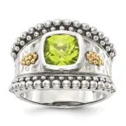 Sterling Silver with 14K Accent Antiqued Cushion Bezel Peridot Ring Size 6