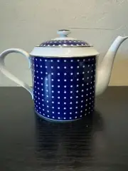 New Ralph Lauren Blue Petit Dot Teapot With Silver Details Made In Portugal