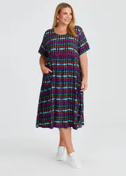 [Virtuelle] Taking Shape Natural Pocket Midi Dress Size 26 in Coloured Check, Viscose - Plus Size Women's Clothing Coloured Check