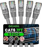 Cat 6 Ethernet Patch Cable (7 Feet, 5-Pack, Gray) Network Cable for TV, Modem, PC Gaming, 10Gbps, Gold-Plated Connectors, Snagless, Cat6, RJ45, Internet Cable, 7ft