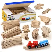 wooden train tracks - 52 pcs wooden train set + 2 bonus toy trains - train sets