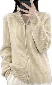 [Jegsnoe] Women Wool Knitting Sweater Turtleneck Zipper Cardigan Autumn Winter Casual Loose Cardigan Sweater