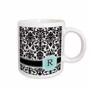 3dRose Letter R personal monogrammed mint blue black and white damask pattern -