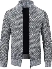[SWJGLITTR] Men's Checkered Cardigan Sweaters Slim Fit Knitted Sweater Cardigans Stand Collar Knitted Sweater Jackes, Light Gray, Large