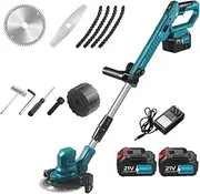 21V Cordless Electric Grass Trimmer - Telescopic Strimmer & Weed Wacker with 3 Blade Types, 2 Batteries, Digital Display & Removable Wheels for Lawn Care & Weed Pruning
