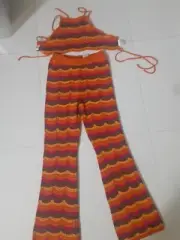 NEW Cotton On Women's Flare Pants Crochet + Top Colorful Orange Sz S Boho Retro