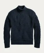 RRL Ralph Lauren Blue Navy Wool Cashmere Cable-Knit Turtleneck Men's S Small