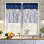 ASPMIZ Cotton Linen Kitchen Curtains 36 Inch Length, Farmhouse Rod Pocket Short Curtains for Window, Blue Striped Small Window Curtain Boho Rustic Button Window Treatment Tiers for Bathroom, Cafe