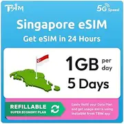 Singapore Data eSIM | 5 Days 1GB/Day | Auto Activation | QR Code Sent via Email in 24Hrs - Scan & Use Immediately | 5G/4G Speed | Hotspot Allowed | No Phone Number | Refillable Plan via Insta Sim App