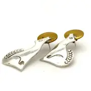 Vintage Sterling Signed 925 Mexico Howling Wolf Coyote Brass Moon Stud Earrings