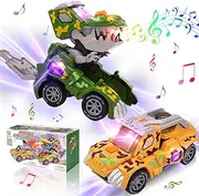 Automatic Mist Spray Dinosaur Transformer Car with Music and LED Light, Dino Transforming Cars, Deformed Dinosaur Car Toy for Kids 3-5 (Green)