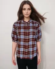 Rag & Bone Shirt Women Sz S Plaid Ruffle Neck Accordion Pleated Back Preppy