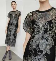 BCBGMAXAZRIA Womens Bluestone Combo Black Metallic Floral Sheer Midi Dress NEW!!