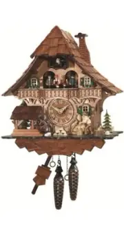 Quartz Cuckoo Clock Black Forest House with Moving Wood Chopper and Mill
