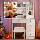 White Dressing Table w/ LED Lights Mirror Vanity Make up Desk Stool Set 6 Drawer