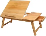 Foldable Laptop Bed Table Lap Desk Stand, 100% Natural Bamboo Laptop Desk, Adjustable Lapdesk Table with Storage Drawer, Suitable for Bed/Sofa/Floor - Small Dining Table, Computer Desk