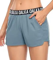 [Oalka] Women's Running Shorts Workout Athletic Fitness Side Pockets Gym Shorts, Black