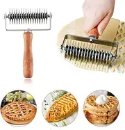Stainless Steel Dough Lattice Top Cookie Pie Pizza Bread Pastry Crust Roller Cutter Holder Wooden Handle, Lattice Dough Cutter for Fishnet Crust