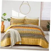 Boho Quilt Set Bohemian Quilt Bedding Set, Lightweight Queen Yellow Orange