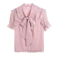 在飛比找蝦皮購物優惠-粉色蝴蝶結夏季上衣女式荷葉領短袖雪紡襯衫