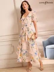 Love & Roses Ivory Floral Ruffle V-Neck Flutter Sleeve Belted Midi Dress (AW8886) | $175