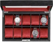 ROTHWELL 10 Slot Leather Watch Box - Luxury Watch Case Display Jewelry Organizer - Locking Watch Display Case Holder with Large Glass Top - Watch Box Organizer for Men and Women (Black/Red)
