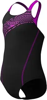 [Speedo] Girl's Medley Logo Medalist One Piece Swimsuit, Black/Diva, 13-14