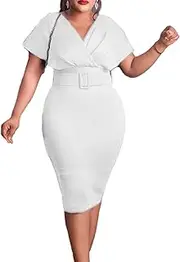 [JSOKWVAD] Women Elegant Evening Gown Dress with Belt Plus Size Dress for Business Wedding Work Casual Guest Cocktail