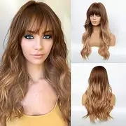 Generic Long Wavy Wigs with Ponbs Ombre Dark Blonde Wigs for Women Heat Resistant Synthetic Wigs with Brown Root for Daily/Party/Cosplay (Gradient light brown, 26inch)