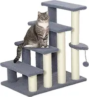 PawHut 4 Levels Cat Steps, Pet Stairs Carpeted Ladder, Kitten Tree Climber with Scratching Posts, Hanging Play Ball, Side Step, for High Bed, Sofa, Gray