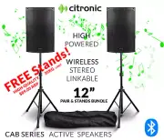 Citronic 12 inch Bluetooth Stereo Linkable PA Active Power Speakers w/ Stands