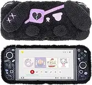 GeekShare Schutzhülle mit süßem Plüschhäschen – kratzfeste und stoßdämpfende Skin-Hülle, kompatibel mit Nintendo Switch OLED-Konsole und nur Joy Con – Dunkelschwarzes Kaninchen