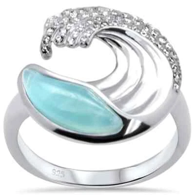 Natural Larimar & Cubic Zirconia Wave Design .925 Sterling Silver Ring
