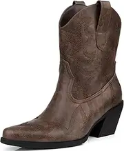[DANAZANA] Wide Calf Cowgirl Ankle Boots Women Western Embroidered Ankle Boots Closed Pointed Toe Pull On Cowboy Ankle Booties Lady Retro Country Ankle Boots Size 7-10