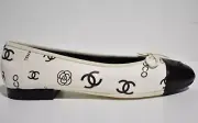 Chanel 23P White Black CC Coco Logo Cap Toe Bow Tie Ballet Ballerina Flat 39