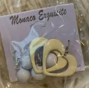 White Plastic Spheres & Yellow Heart shaped drop down dangle 3 set earrings NWT