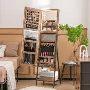CostwayLockable Floor Jewelry Cabinet with Full-Length Mirror &amp; LED Lights-Brown
