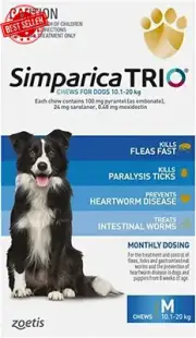 Simparica Trio Flea, Tick & Worming Chews for Dogs 10.1-20kg Blue (Pack of 3)